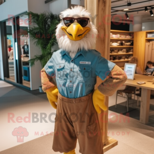 Tan Bald Eagle mascot costume character dressed with a Dungarees and Sunglasses