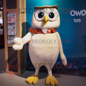 Cream Owl mascot costume character dressed with a Maxi Skirt and Suspenders