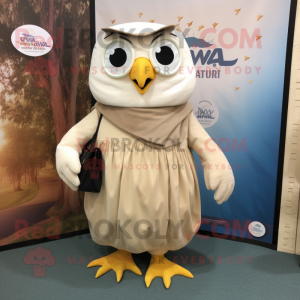 Cream Owl mascot costume character dressed with a Maxi Skirt and Suspenders