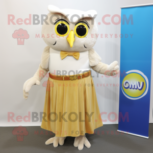 Cream Owl mascot costume character dressed with a Maxi Skirt and Suspenders