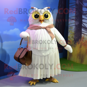 Cream Owl mascot costume character dressed with a Maxi Skirt and Suspenders