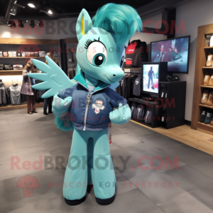 Teal Mare mascot costume character dressed with a Bomber Jacket and Hair clips