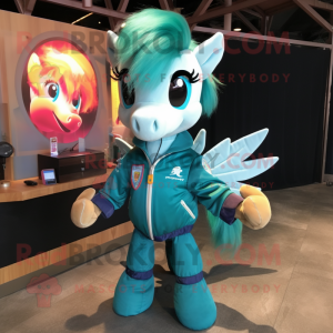 Teal Mare mascot costume character dressed with a Bomber Jacket and Hair clips