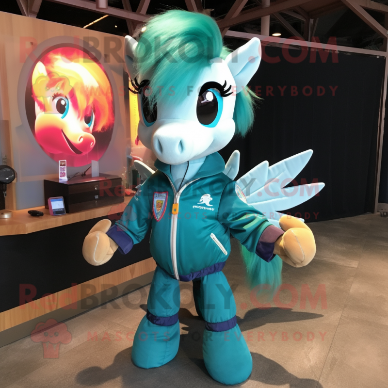 Teal Mare mascot costume character dressed with a Bomber Jacket and Hair clips Teal Mare mascot costume character dressed with a Bomber Jacket and Hair clips