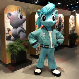 Teal Mare mascot costume character dressed with a Bomber Jacket and Hair clips