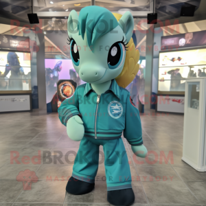 Teal Mare mascot costume character dressed with a Bomber Jacket and Hair clips