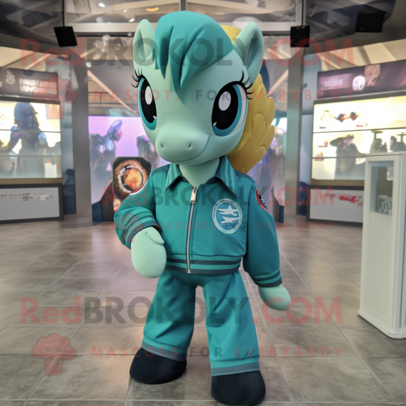 Teal Mare mascot costume character dressed with a Bomber Jacket and Hair clips Teal Mare mascot costume character dressed with a Bomber Jacket and Hair clips