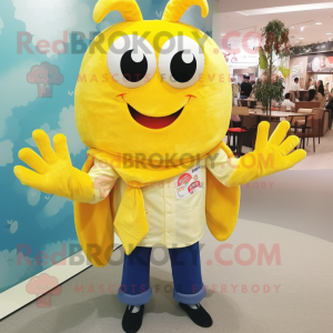 Lemon Yellow Crab Cakes mascot costume character dressed with a Button-Up Shirt and Shawls