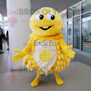 Lemon Yellow Crab Cakes mascot costume character dressed with a Button-Up Shirt and Shawls