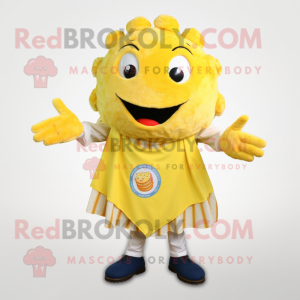 Lemon Yellow Crab Cakes mascot costume character dressed with a Button-Up Shirt and Shawls