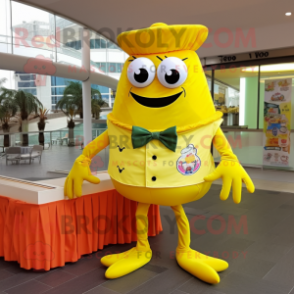 Lemon Yellow Crab Cakes mascot costume character dressed with a Button-Up Shirt and Shawls