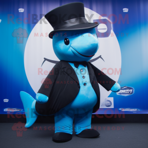 Black Blue Whale mascot costume character dressed with a Suit and Beanies
