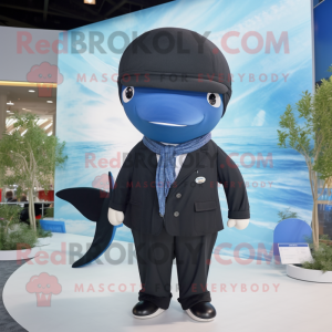 Black Blue Whale mascot costume character dressed with a Suit and Beanies