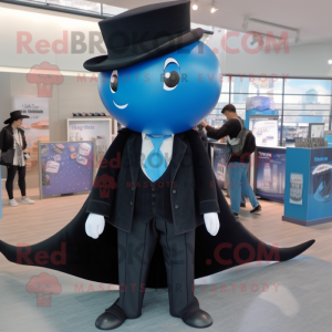 Black Blue Whale mascot costume character dressed with a Suit and Beanies