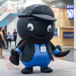 Black Blue Whale mascot costume character dressed with a Suit and Beanies