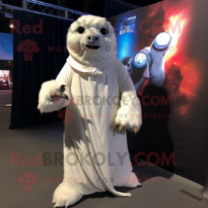 White Giant Sloth mascot costume character dressed with a Ball Gown and Tie pins