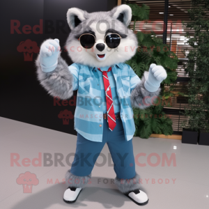 Sky Blue Raccoon mascot costume character dressed with a Button-Up Shirt and Sunglasses