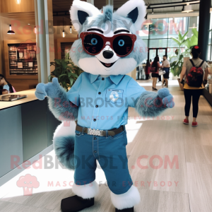 Sky Blue Raccoon mascot costume character dressed with a Button-Up Shirt and Sunglasses