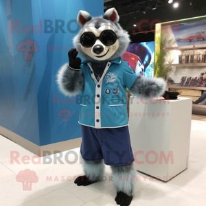 Sky Blue Raccoon mascot costume character dressed with a Button-Up Shirt and Sunglasses