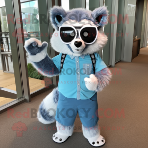 Sky Blue Raccoon mascot costume character dressed with a Button-Up Shirt and Sunglasses