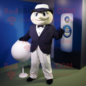 Navy Golf Ball mascot costume character dressed with a Suit Jacket and Cufflinks