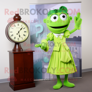 Lime Green Attorney mascot costume character dressed with a A-Line Dress and Watches