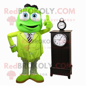 Lime Green Attorney mascot costume character dressed with a A-Line Dress and Watches