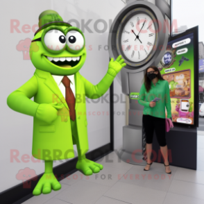 Lime Green Attorney mascot costume character dressed with a A-Line Dress and Watches