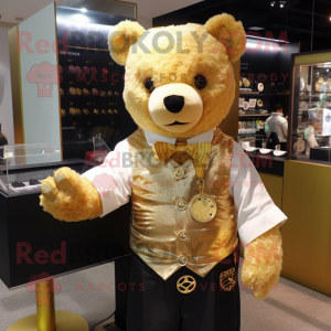 Gold Bear mascot costume character dressed with a Oxford Shirt and Keychains