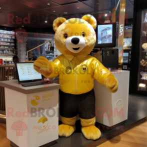 Gold Bear mascot costume character dressed with a Oxford Shirt and Keychains