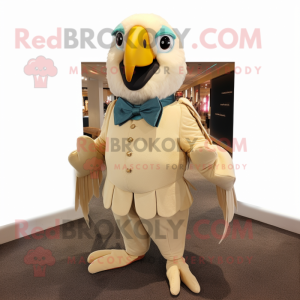 Beige Parrot mascot costume character dressed with a Bodysuit and Bow ties