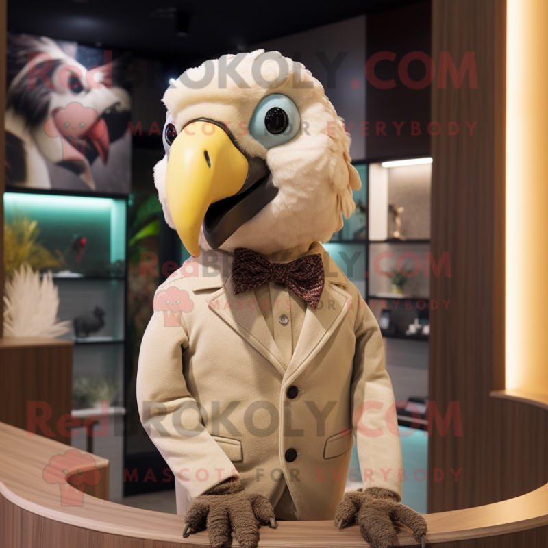 Beige Parrot mascot costume character dressed with a Bodysuit and Bow ties