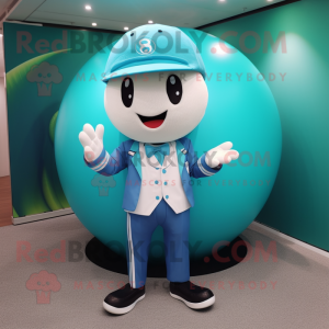 Cyan Baseball Ball mascot costume character dressed with a Suit Jacket and Berets