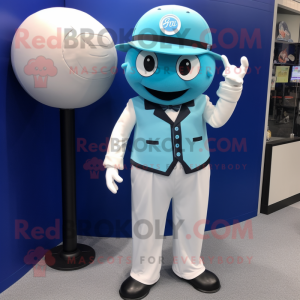 Cyan Baseball Ball mascot costume character dressed with a Suit Jacket and Berets