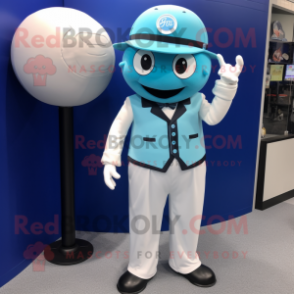 Cyan Baseball Ball mascot costume character dressed with a Suit Jacket and Berets