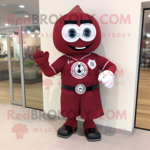 Maroon Wrist Watch mascot costume character dressed with a Sheath Dress and Brooches