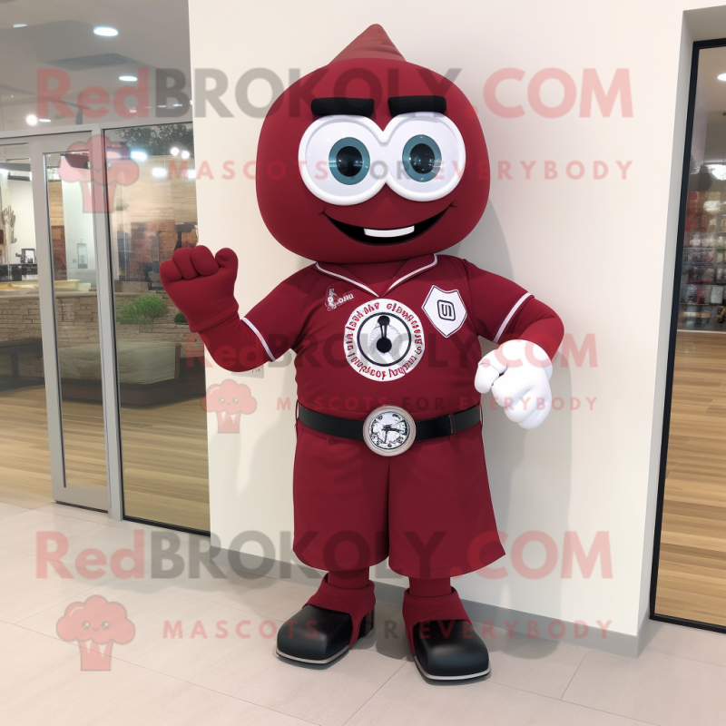 Maroon Wrist Watch mascot costume character dressed with a Sheath Dress and Brooches Maroon Wrist Watch mascot costume character dressed with a Sheath Dress and Brooches