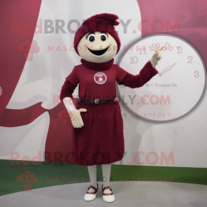 Maroon Wrist Watch mascot costume character dressed with a Sheath Dress and Brooches