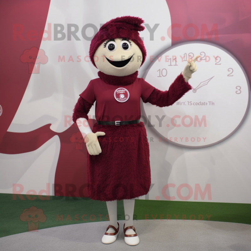 Maroon Wrist Watch mascot costume character dressed with a Sheath Dress and Brooches Maroon Wrist Watch mascot costume character dressed with a Sheath Dress and Brooches