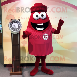 Maroon Wrist Watch mascot costume character dressed with a Sheath Dress and Brooches