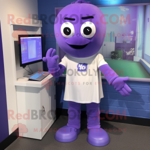 Lavender Computer mascot costume character dressed with a Henley Shirt and Shoe laces