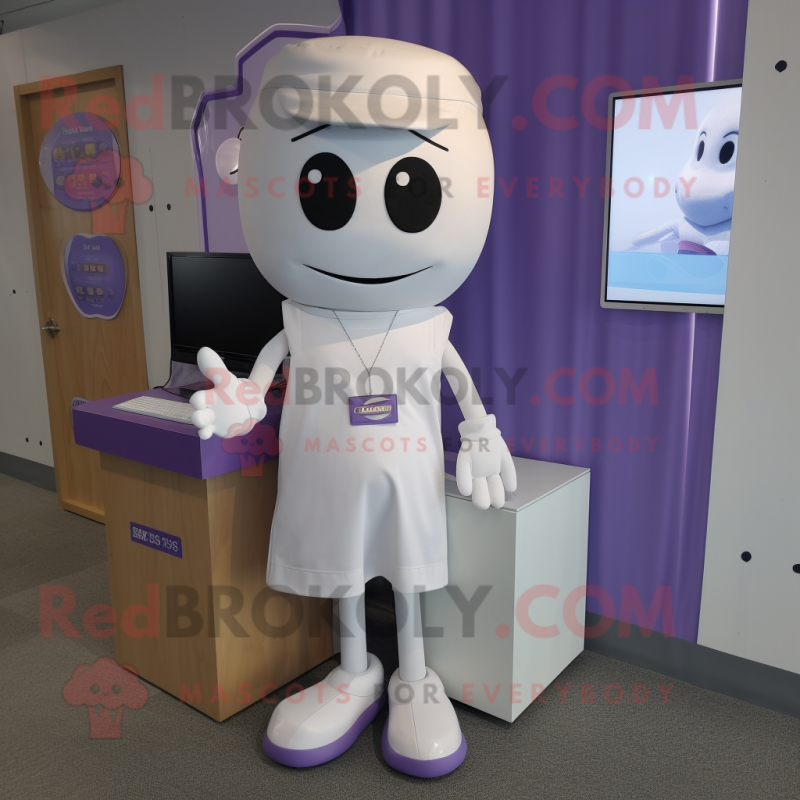 Lavender Computer mascot costume character dressed with a Henley Shirt and Shoe laces