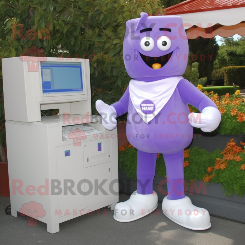 Lavender Computer mascot costume character dressed with a Henley Shirt and Shoe laces