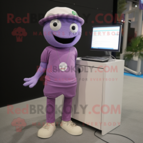 Lavender Computer mascot costume character dressed with a Henley Shirt and Shoe laces