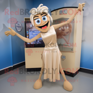Tan Contortionist mascot costume character dressed with a Shift Dress and Belts