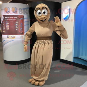 Tan Contortionist mascot costume character dressed with a Shift Dress and Belts