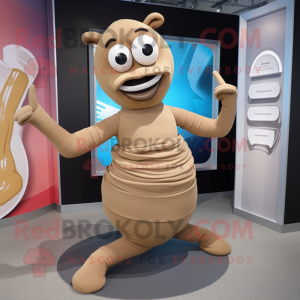 Tan Contortionist mascot costume character dressed with a Shift Dress and Belts