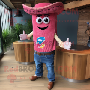 Pink Fajitas mascot costume character dressed with a Denim Shorts and Lapel pins