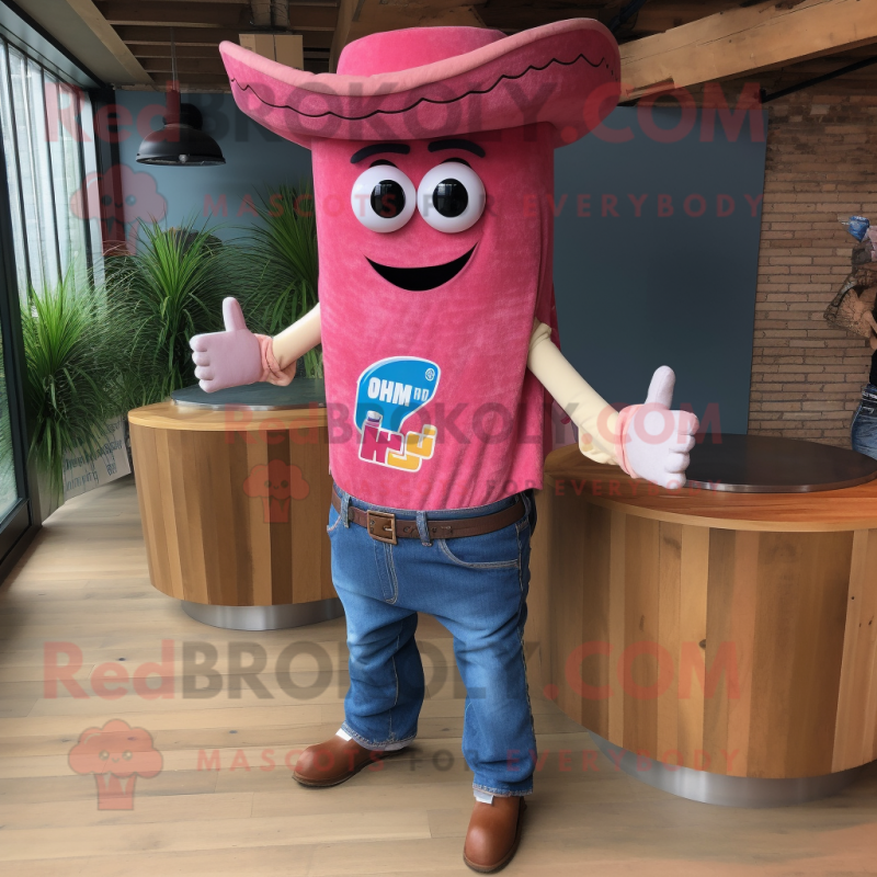 Pink Fajitas mascot costume character dressed with a Denim Shorts and Lapel pins Pink Fajitas mascot costume character dressed with a Denim Shorts and Lapel pins