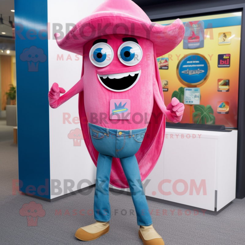 Pink Fajitas mascot costume character dressed with a Denim Shorts and Lapel pins Pink Fajitas mascot costume character dressed with a Denim Shorts and Lapel pins